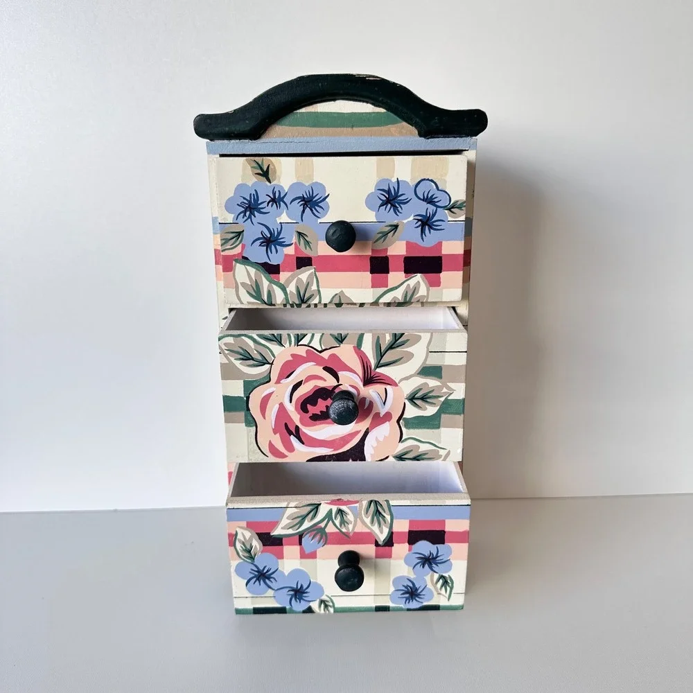 Vintage Floral Wooden Jewelry Box‎ 3-Drawers Cottagecore Countrycore
